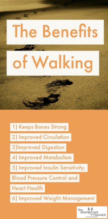 the benefits of walking: (1) Keeps Bones Strong 2) Improved Circulation 3)Improved Digestion 4) Improved Metabolism 5) Improved Insulin Sensitivity, Blood Pressure Control and Heart Health 6) Improved Weight Management