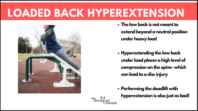 a woman hyperextending her back on a back raise machine: the image also repeats the cons listed below