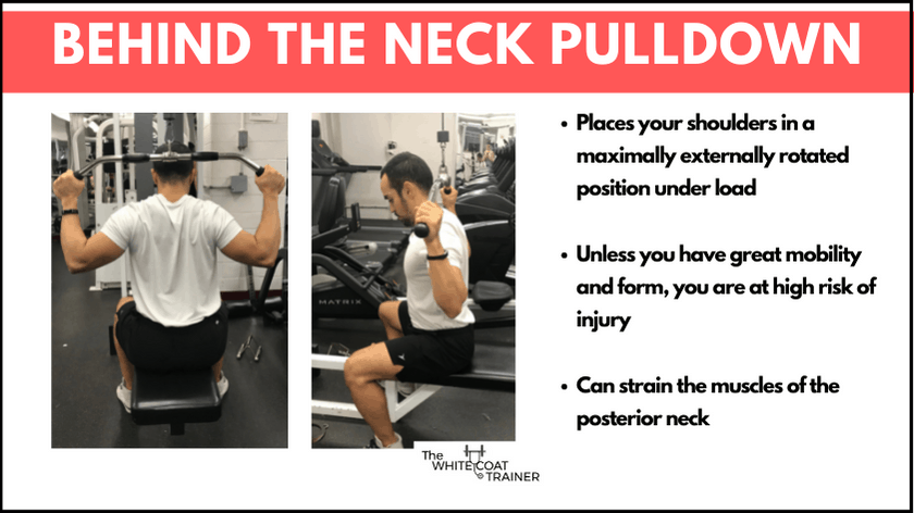 alex doing the behind-the-neck-lat pulldown-exercise: the image also repeats the cons listed below