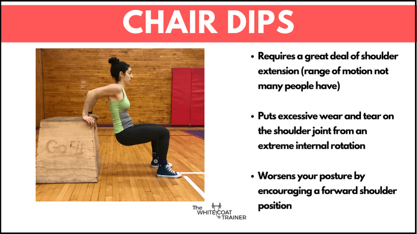 brittany doing dips on a box with her hands behind her, hands pointing forward, and shoulders extended, and knees bent: the image also repeats the cons listed below