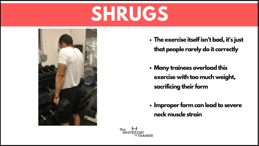 alex shrugging two dumbbells up: the image also repeats the cons listed below