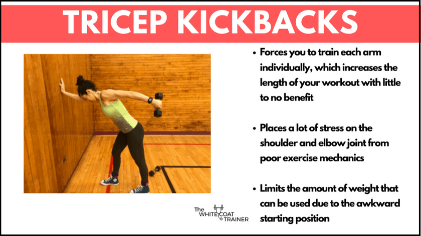 brittany doing a tricep-kick-back, bent over and extending her elbow behind her: the image also repeats the cons listed below
