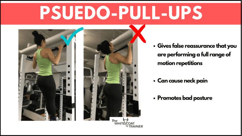 brittany doing psuedo-pull-ups, extending her neck to get her chin above the bar: the image also repeats the cons listed below