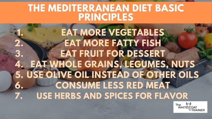 THE MEDITERRANEAN DIET BASIC PRINCIPLES 1. EAT MORE VEGETABLES 2EAT MORE FATTY FISH 3EAT FRUIT FOR DESSERT 4. EAT WHOLE GRAINS, LEGUMES, NUTS 5. USE OLIVE OIL INSTEAD OF OTHER OILS 6.CONSUME LESS RED MEAT 7.USE HERBS AND SPICES FOR FLAVOR