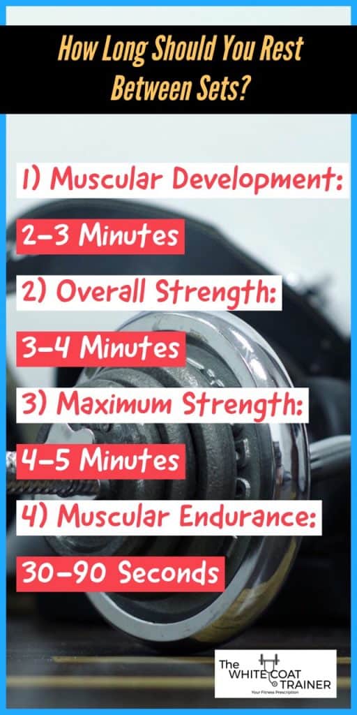 how long should you rest between sets? 1) Muscular Development: 2-3 Minutes (2) Overall Strength: 3-4 Minutes (3) Maximum Strength: 4-5 Minutes (4) Muscular Endurance: 30-90 Seconds