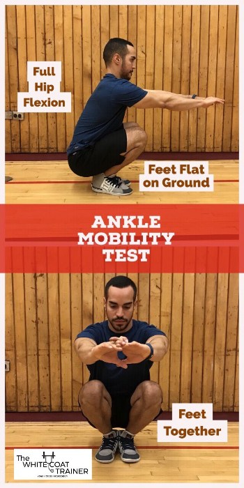ankle mobility test- alex squatting down as low as possible while keeping his feet together and heels flat on the ground