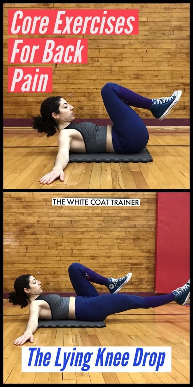 brittany on her back with her knees bent up, lifting just her upper back off the floor, and then lowering and extending one leg at a time