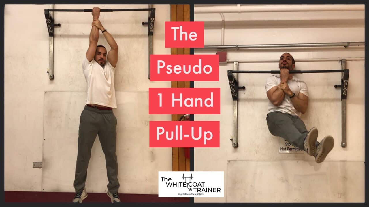 pseudo-1-hand-pull-up-exercise: alex doing a pullup with one hand, his other hand grasping his wrist of the pulling arm