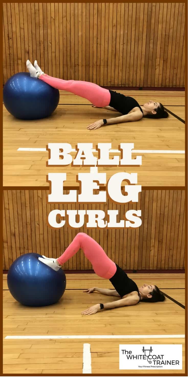 ball leg curl: brittany on her back with her feet elevated on a bosu ball, curling the ball up towards her buttocks using her feet