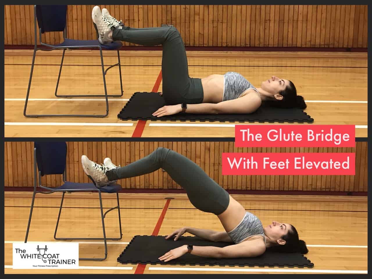 feet-elevated-glute-bridge: Brittany on her back with knees bent and feet flat on the floor Squeezing her butt muscles to extend at the hips while her legs are elevated on a chair