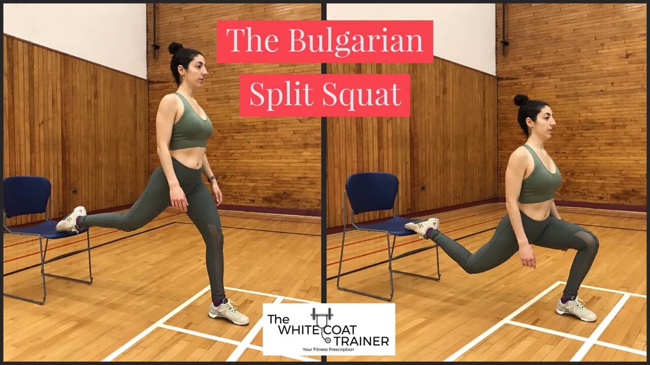 bulgarian-split-squat: Brittany squatting down on one leg while the other foot is elevated on a chair behind her