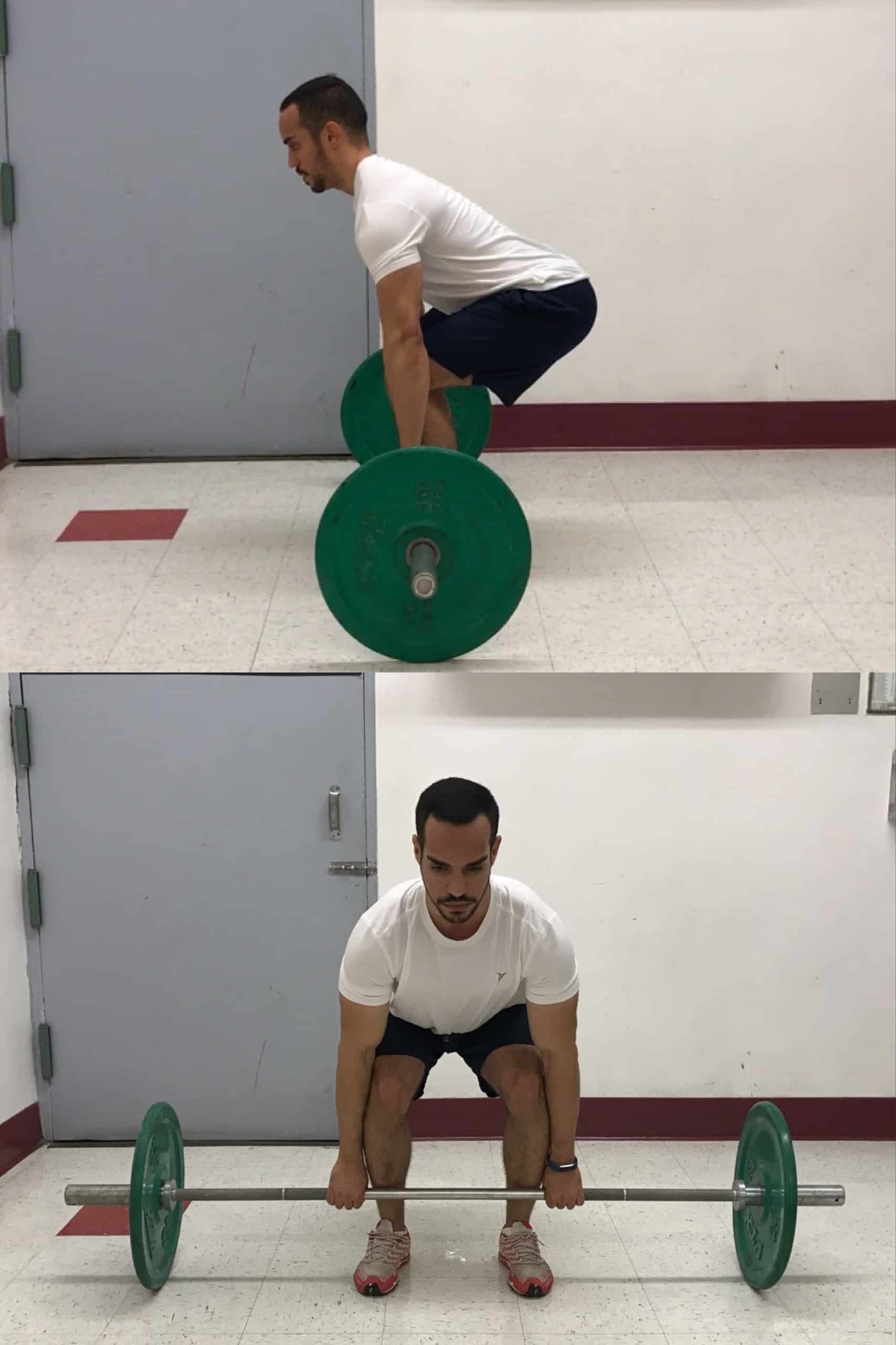 alex at the bottom position of the power clean which is the same as a deadlift bent over, grabbing the barbell with back flat shins vertical, neck neutral