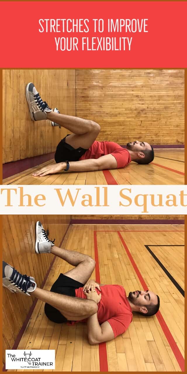 the wall squat: alex lying on the floor with his feet flat against a wall and his buttocks as close to the wall as possible