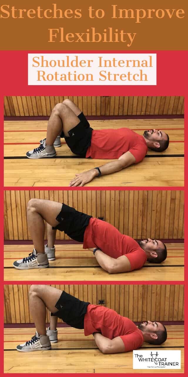 shoulder internal rotation stretch: Alex on his back in a glute bridge position with his hands underneath his lower back and slowly lowering himself 