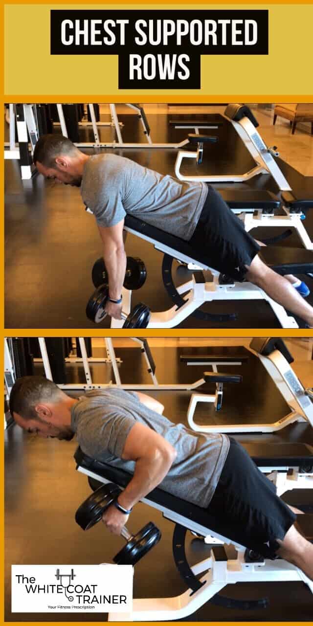 chest supported rows- lying chest down on an incline bench while pulling dumbbells up toward the bench