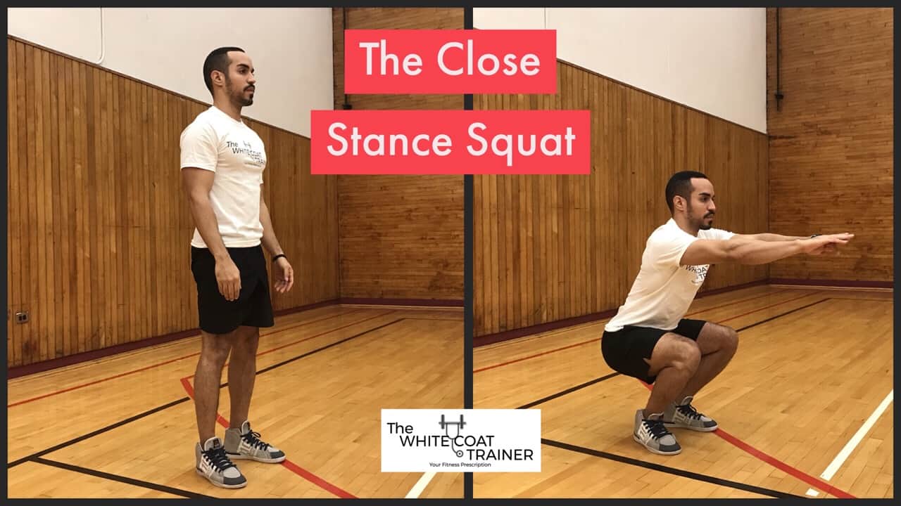 close-stance-squat: alex squatting down with his feet closer than shoulder width