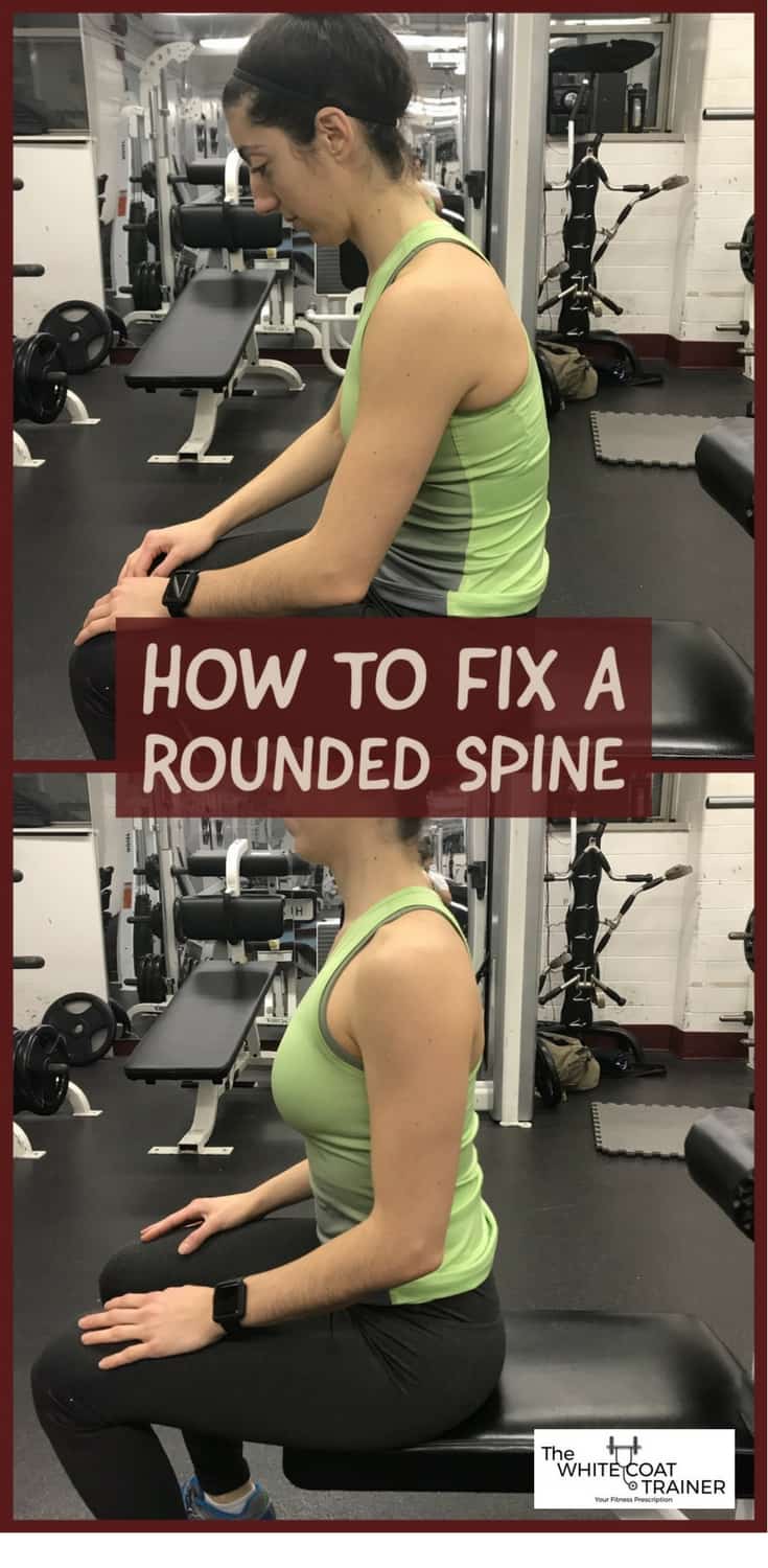 how to tell if you have bad posture kyphosis: brittany sitting with a rounded upper back and showing what a neutral upper back should look like