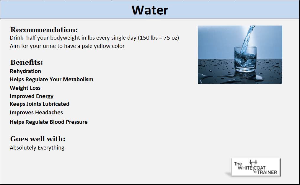  Recommendation: Drink half your bodyweight in Ibs every single day (150 Ibs = 75 oz) Aim for your urine to have a pale yellow color Benefits: Rehydration Helps Regulate Your Metabolism Weight Loss Improved Energy Keeps Joints Lubricated Improves Headaches Helps Regulate Blood Pressure Goes well with: Absolutely Everything