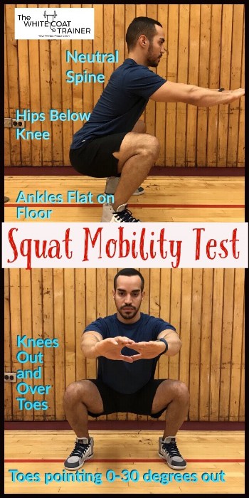 squat showing a neutral spine hipe below the knee ankles flat on the floor and knees out and over the toes