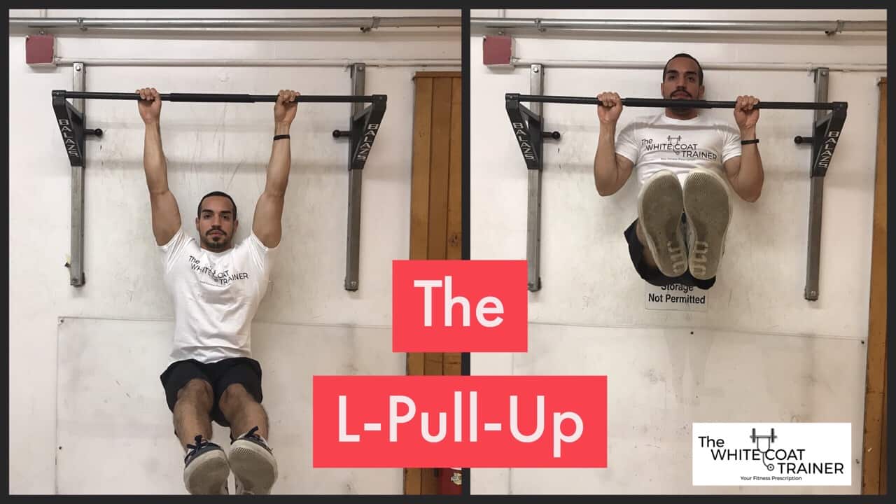 l-sit--pull-up-exercise: alex doing a pullup with his legs straight up in an L position