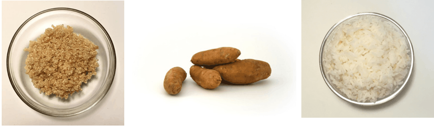 picture of quinoa, sweet potaoes and white rice