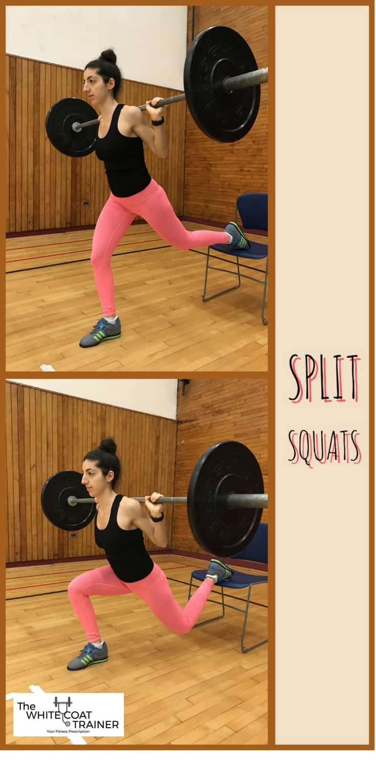 the split squat: brittany squatting down with a barbell on her back and one leg elevated on a chair behind her