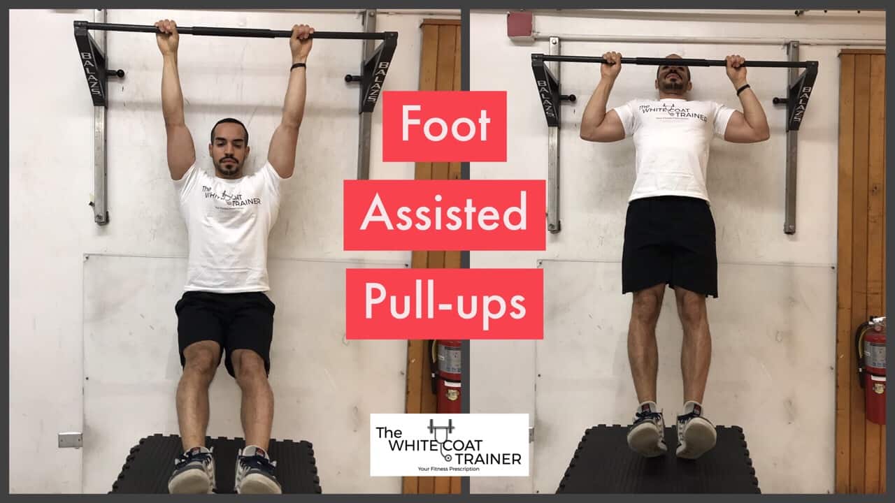 foot-assisted-pull-up-exercise: alex doing a pullup with his feet on a box