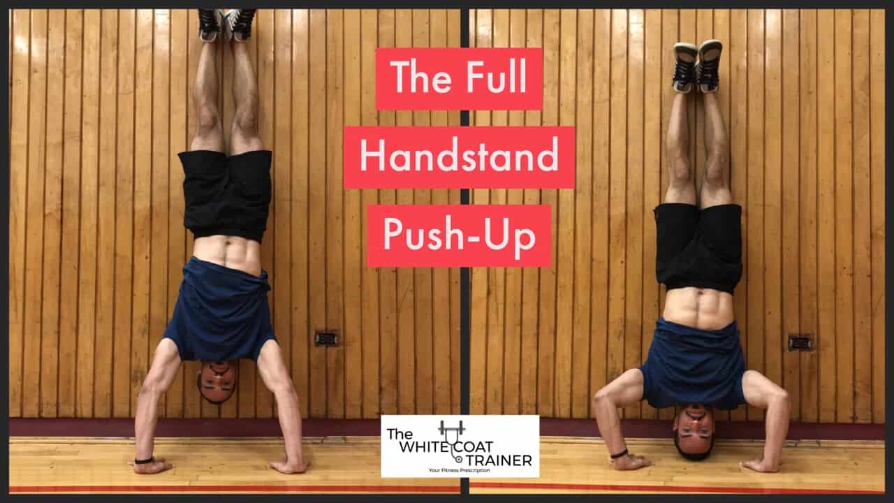 handstand-push-up: alex doing a handstand with back against the wall and bringing his head to the floor by bending at the elbows