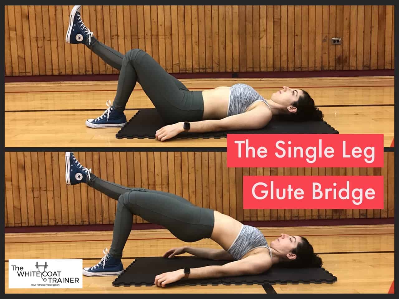 single-leg-glute-bridge: Brittany on her back with knees bent and feet flat on the floor Squeezing her butt muscles to extend at the hips on just one leg