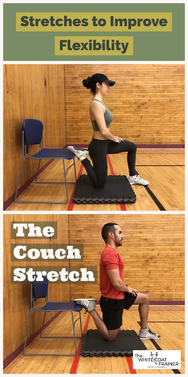 the couch stretch: alex kneeling with one foot elevated on a chair behind him and the front leg at a 90 degree angle to the floor
