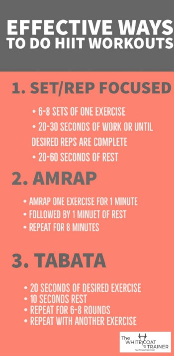 EFFECTIVE WAYSTO DO HIIT WORKOUTSI SETIREP FOCUSED6-8 SETS OF ONE EXERCISEA 20-30 SECONDS OF WORK OR UNTILDESIRED REPS ARE COMPLETE20-60 SECONDS DF REST2. AMRAPAMRAP ONE EXERCISE FOR 1 MINUTE- FOLLOWED BY 1 MINUET OF PEST• REPEAT FOR 8 MINUTES3. TABATA• 20 SECONDS OF DESIRED EXERCISE• 10 SECONDS REST• REPEAT FOR 6-8 ROUNDS• REPEAT WITH ANOTHER EXERCISE