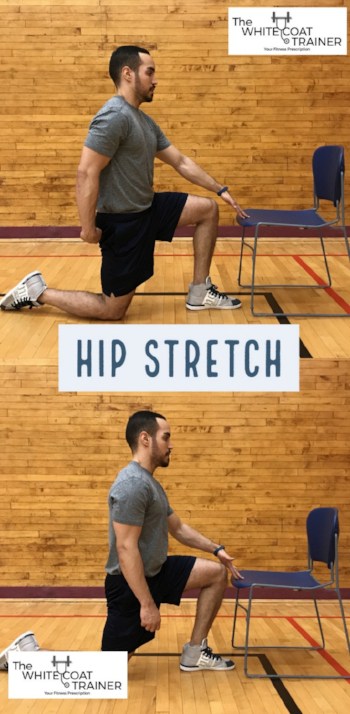 alex showing a hip stretch, kneeling on one knee and leaning forward with a neutral spine