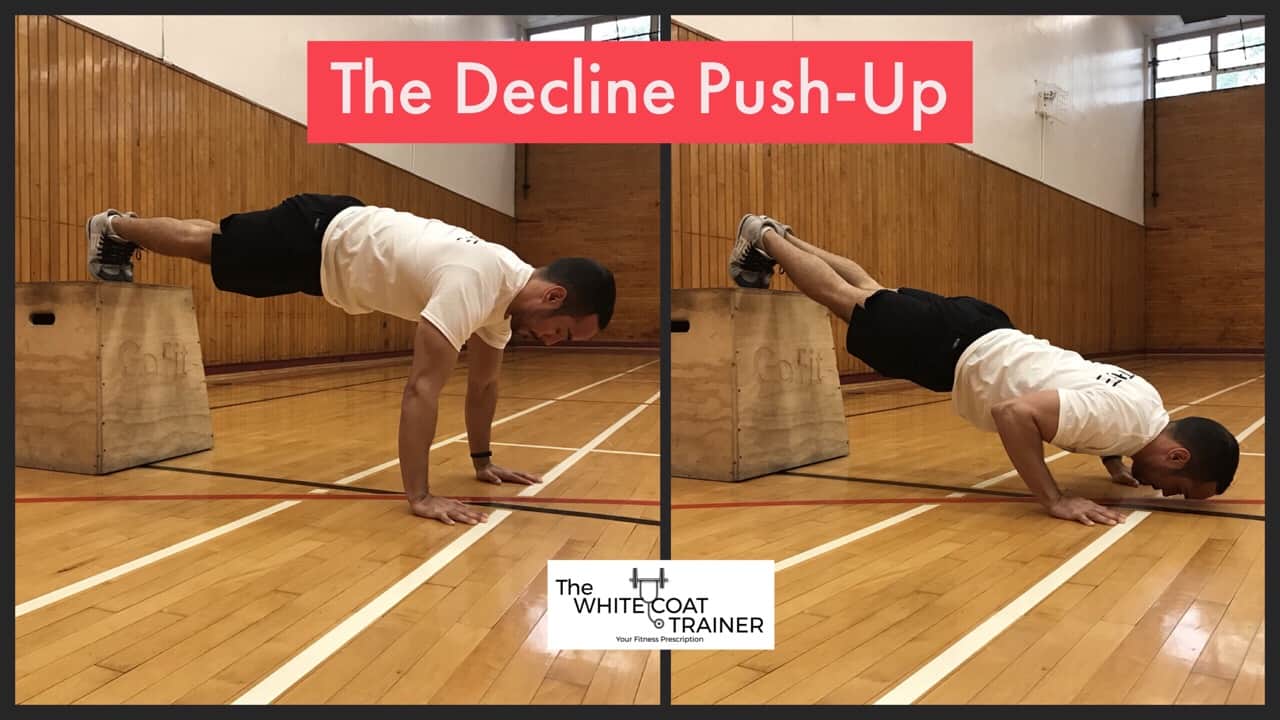 decline pushup: Alex doing a pushup with his feet elevated on a box