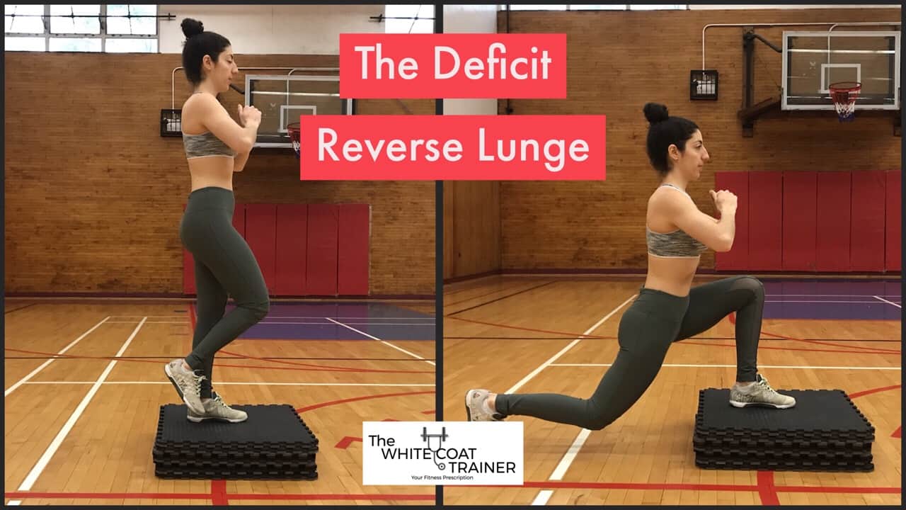 deficit-reverse-lunge: brittany lunging back with one leg and squatting down while standing on an elevated platform