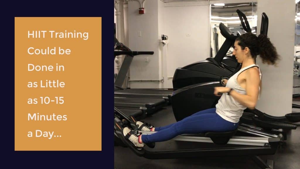 brittany-on-row-machine with the words: HIIT training could be done is as little as 10-15 minutes a day