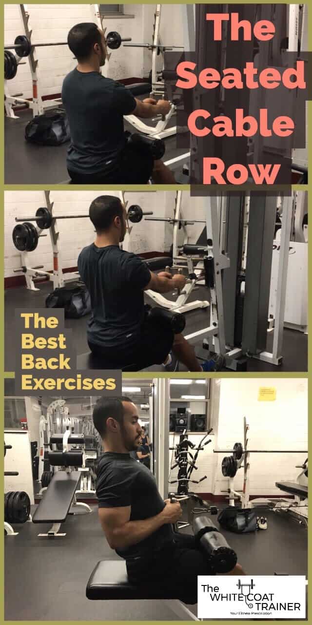 seated cable row- alex using a row machine to bring the cable from his extended arms towards his abdomen