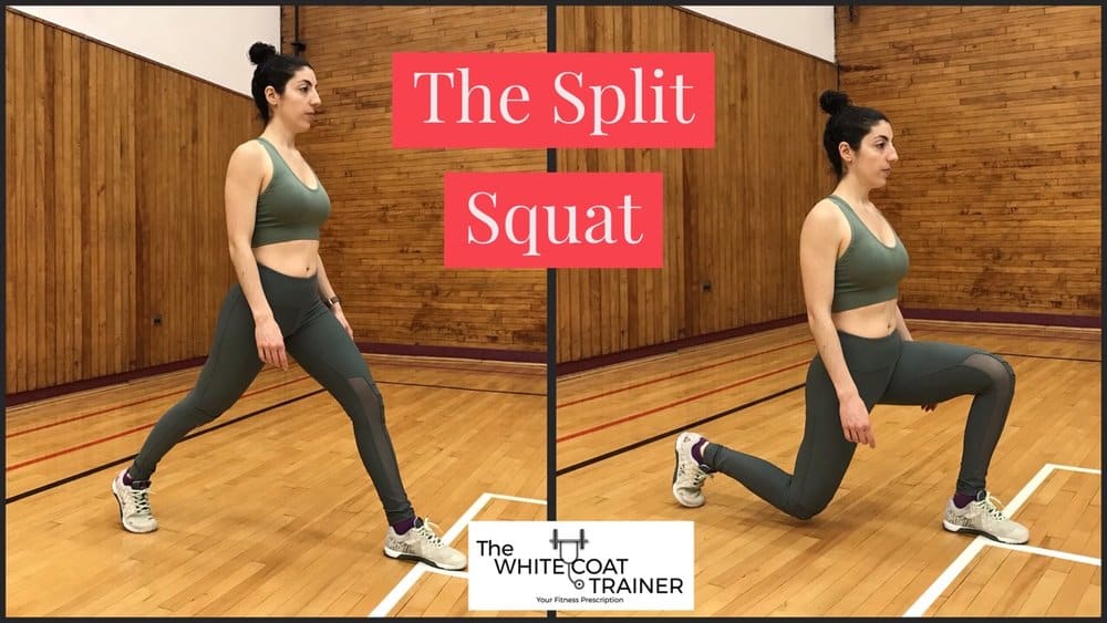 split-squat: brittany squatting down in a staggered stance with her feet wide apart
