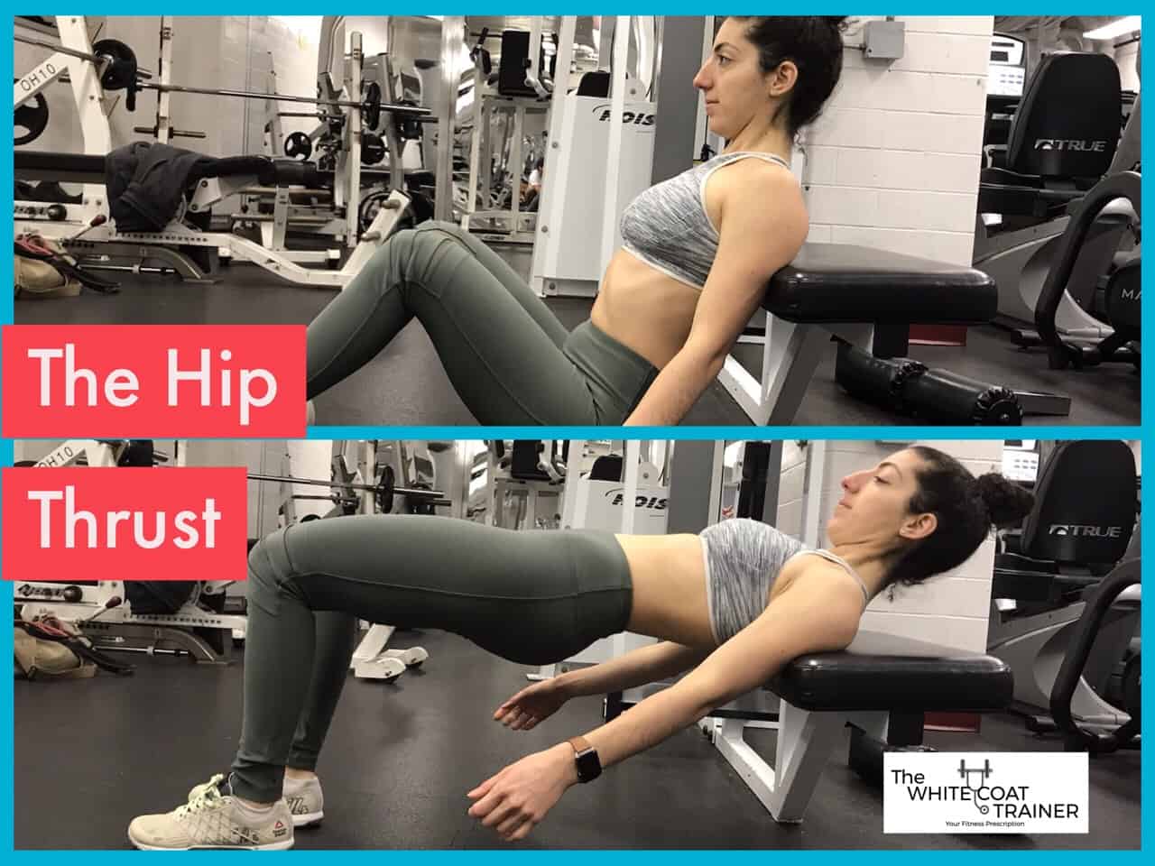 hip-thrust: Brittany sitting against a couch with knees bent and feet flat on the floor Squeezing her butt muscles to extend at the hips