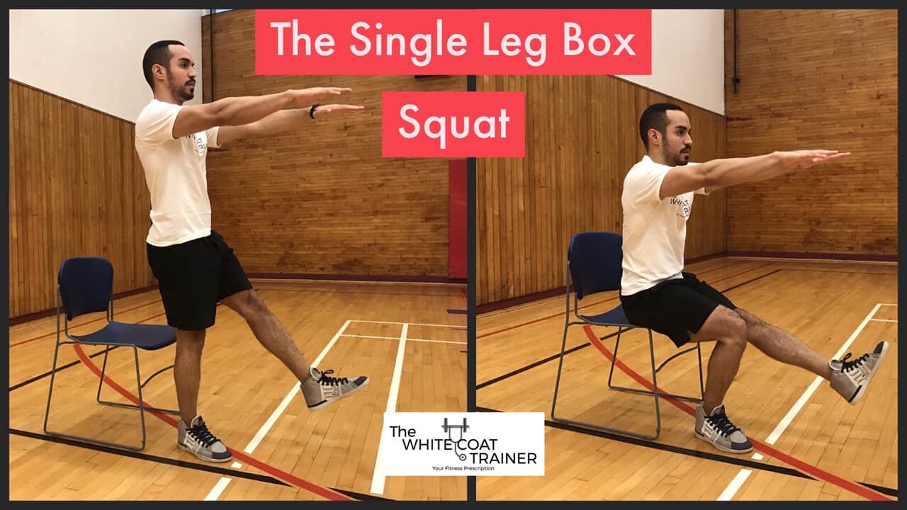 single-leg-box-squat: Alex squatting down to a chair and standing back up on just one leg
