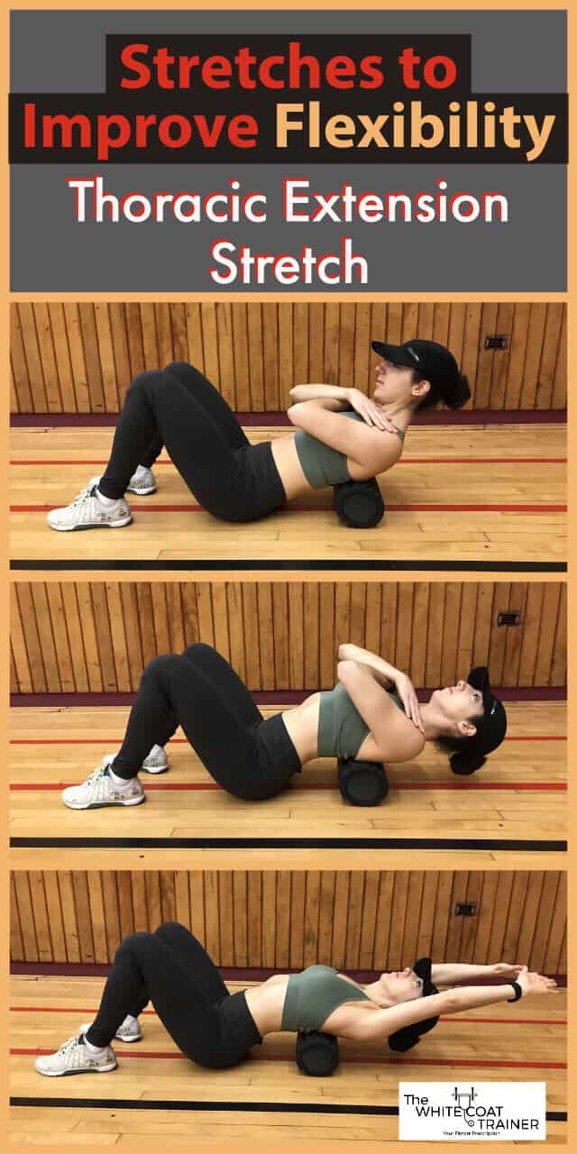 thoracic extension stretch: brittany lying on the floor with a foam roller horizontally across her upper back as she arches her upper back over it