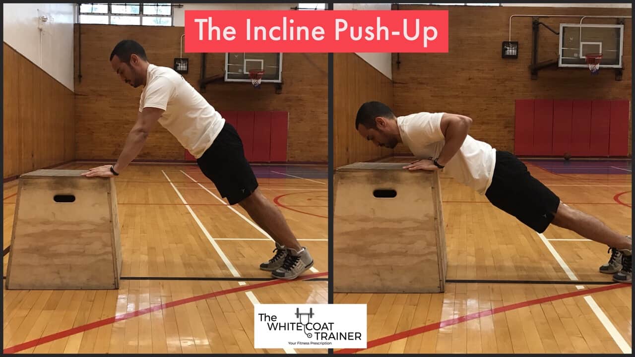 incline pushup: Alex doing a pushup on an incline with hands elevated on a box