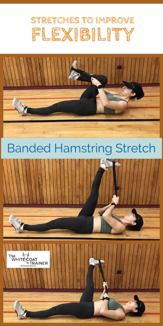 banded hamstring stretch: brittany on her back using a band to pull her hamstring toward her chest with a straight knee