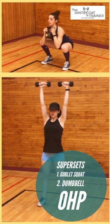 image of brittany squatting with weight on her chest and then brittany pressing dumbbells overhead