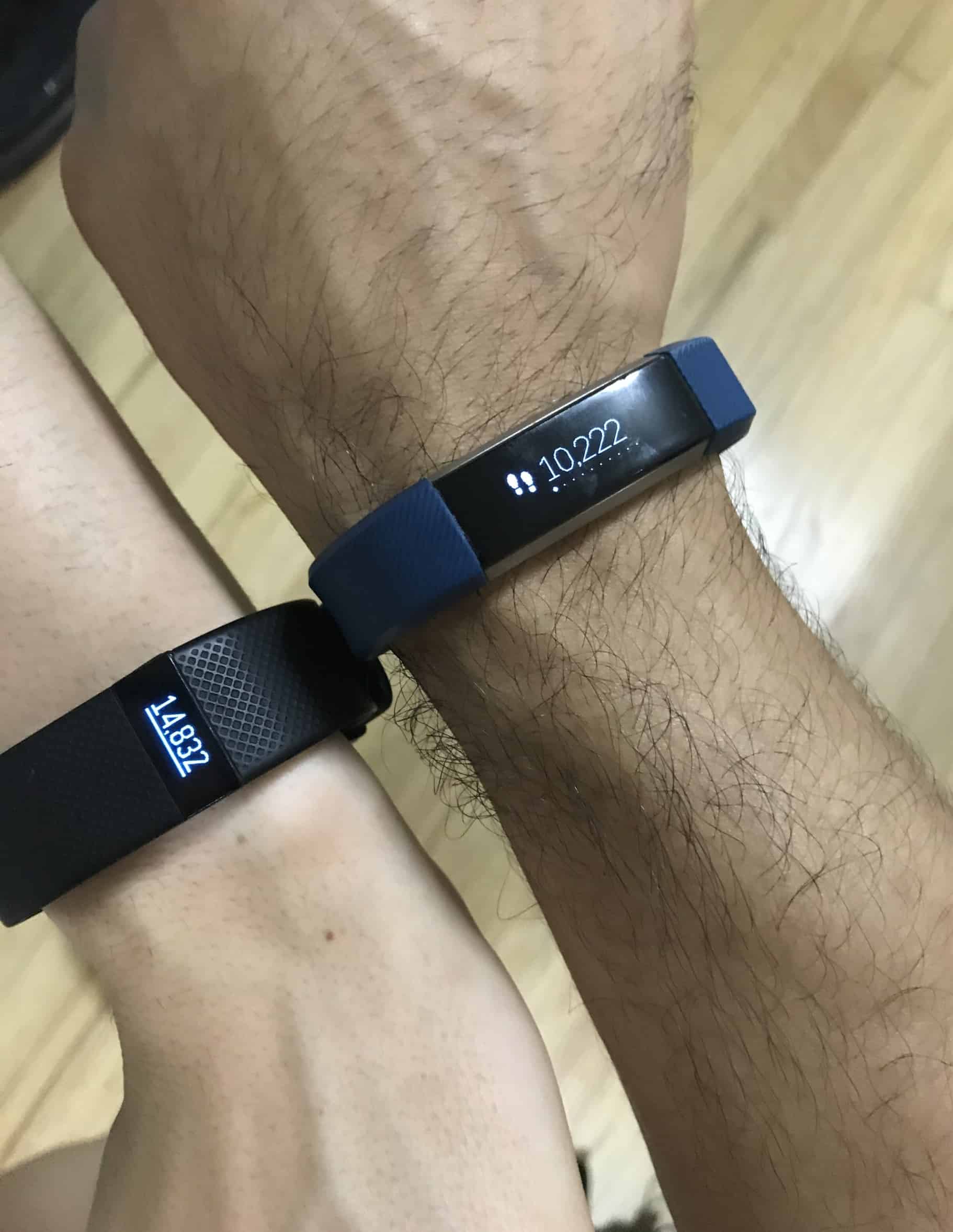 image of our step trackers showing over 10,000 steps a day on each one- mine with 10,222 and hers with 14,832