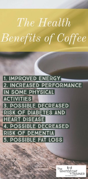 the health benefits of coffee: 1. IMPROVED ENERGY 2. INCREASED PERFORMANCE IN SOME PHYSICAL ACTIVITIES 3. POSSIBLE DECREASED RISK OF DIABETES AND HEART DISEASE 4. POSSIBLE DECREASED RISK OF DEMENTIA 5. POSSIBLE FAT LOSS