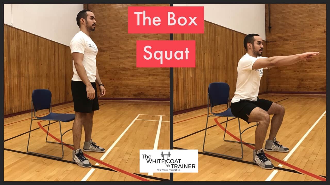 box-squat: Alex squatting down to a chair and standing back up
