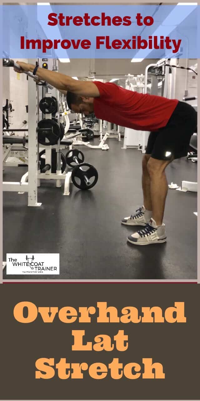 overhand lat stretch: alex with his hands on a barbell with elbows straight and leaning his chest down and buttocks backward