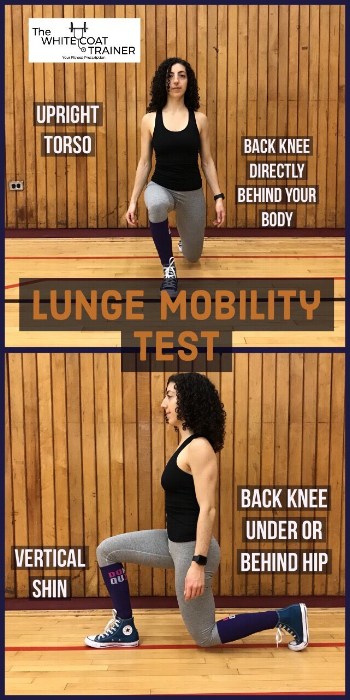 lunge mobility test showing upright torso the back knee directly behind your body, the back knee under or behind your hip bone, and a vertical shin