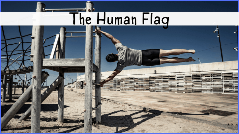 human-flag: A man hanging sideways from a vertical pole with his body completely parallel to the ground