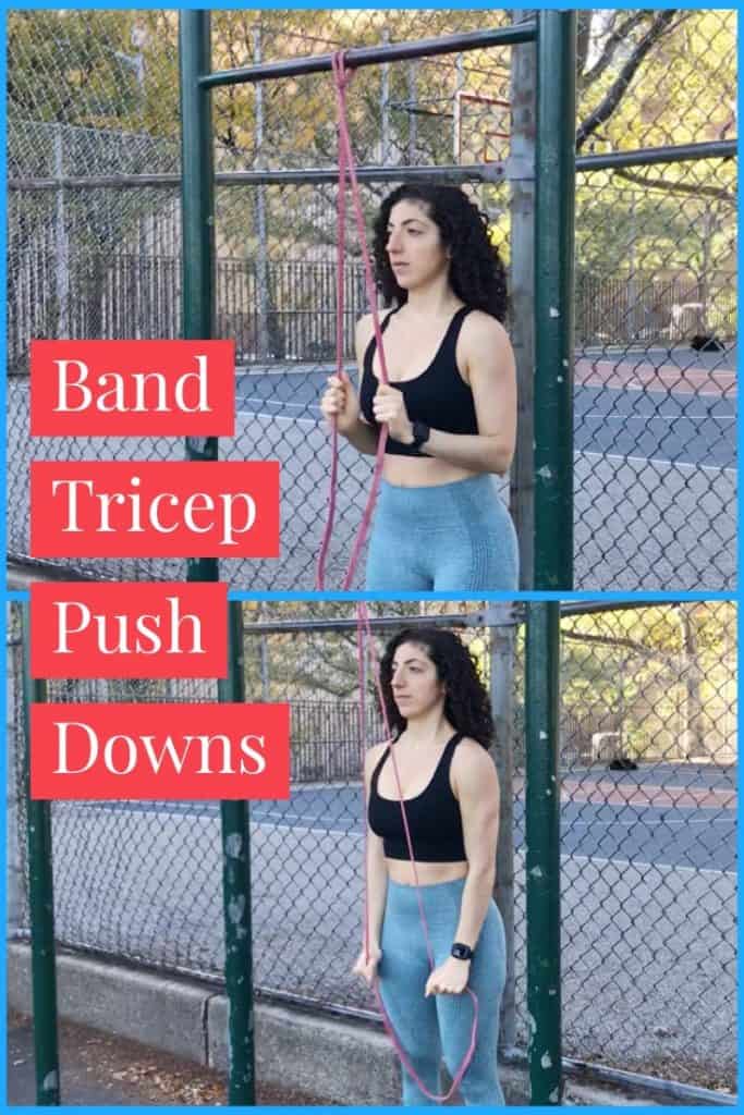 resistance-band-exercise-for-arms tricep pushdowns: brittany pulling down a band by extending her elbows that is anchored to a bar above her head